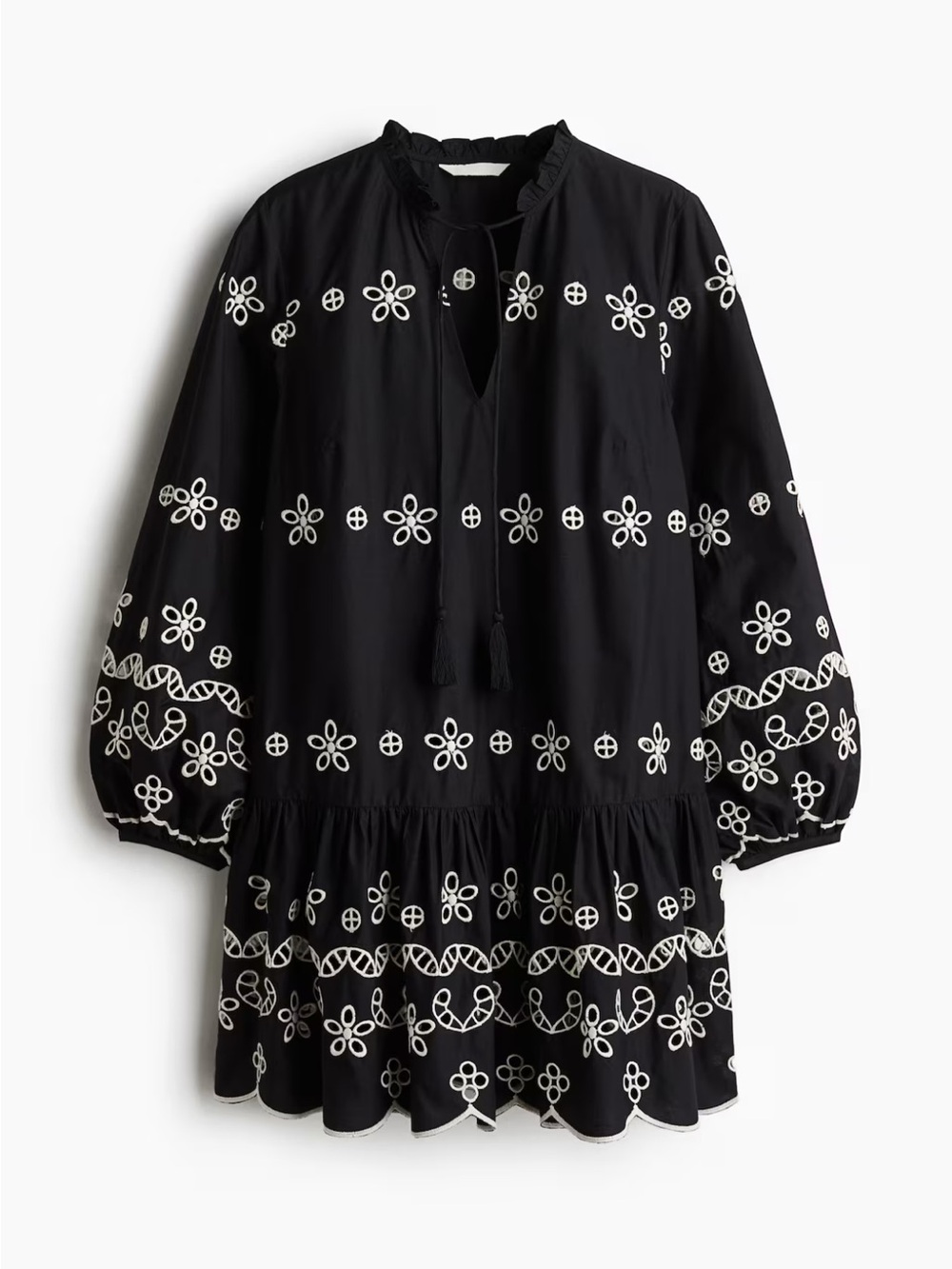 H&M Black Tunic Dress with White Floral Eyelet Embroidery Size XXL